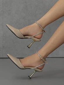 Giày cao gót đế dày mũi nhọn đính đá và ngọc trai giả, giày bít mũi satin sang trọng, thích hợp cho nữ dự tiệc. - Màu Khaki - Xem 6