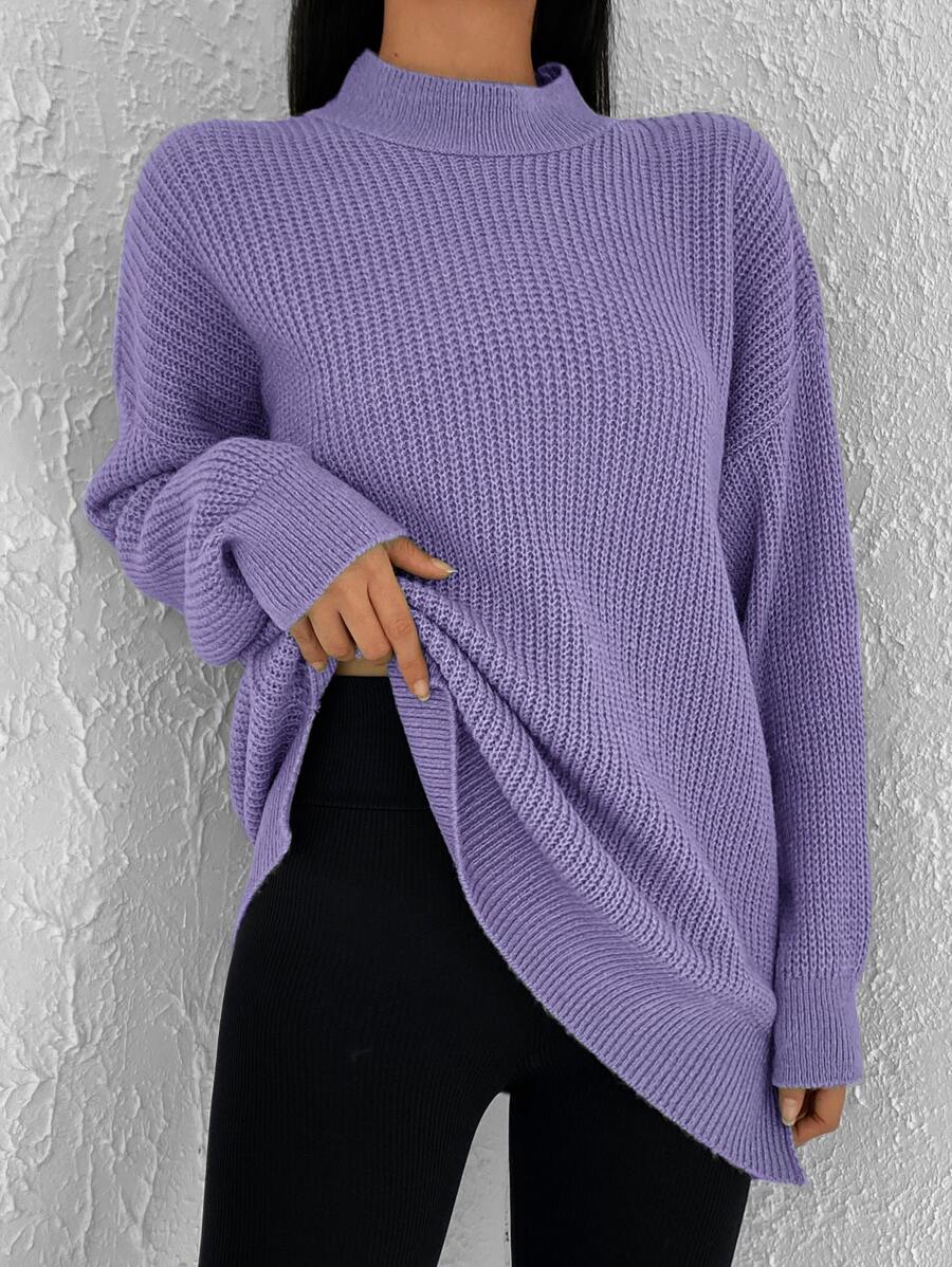 Cloudara Mock Neck Drop Shoulder Split Hem Sweater - Violet Purple - View 1