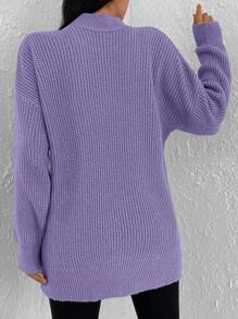 Cloudara Mock Neck Drop Shoulder Split Hem Sweater - Violet Purple - View 2