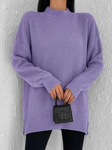 Cloudara Mock Neck Drop Shoulder Split Hem Sweater - Violet Purple - View 3