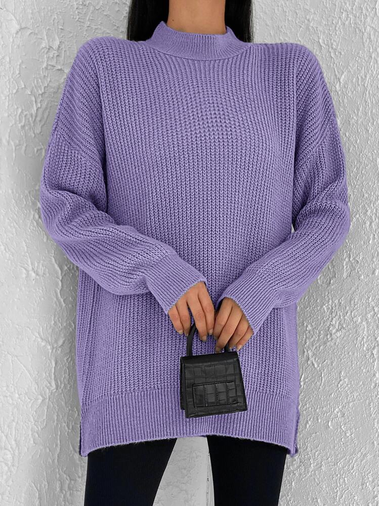 RueChic Mock Neck Drop Shoulder Split Hem Jumper - Violet Purple - View 3