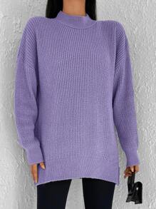 Cloudara Mock Neck Drop Shoulder Split Hem Sweater - Violet Purple - View 4