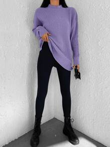 Cloudara Mock Neck Drop Shoulder Split Hem Sweater - Violet Purple - View 5
