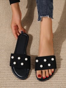 女士人造珍珠裝飾單帶時尚極簡戶外仿麂皮平底涼鞋 - 黑色 - 查看 4
