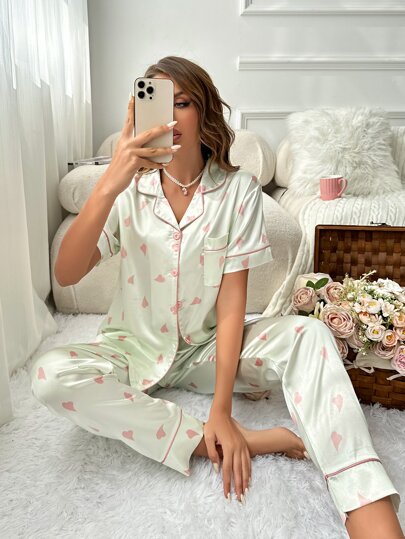 Heart Print Contrast Piping Satin PJ Set