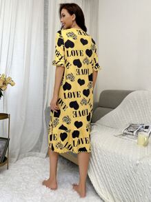 Vestido para dormir con estampado de corazón y letra bajo con fruncido - Amarillo - Ver 2