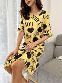 Vestido para dormir con estampado de corazón y letra bajo con fruncido - Amarillo - Ver 3