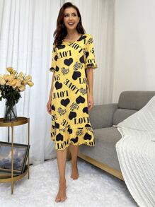 Vestido para dormir con estampado de corazón y letra bajo con fruncido - Amarillo - Ver 5