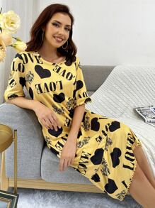 Vestido para dormir con estampado de corazón y letra bajo con fruncido - Amarillo - Ver 6