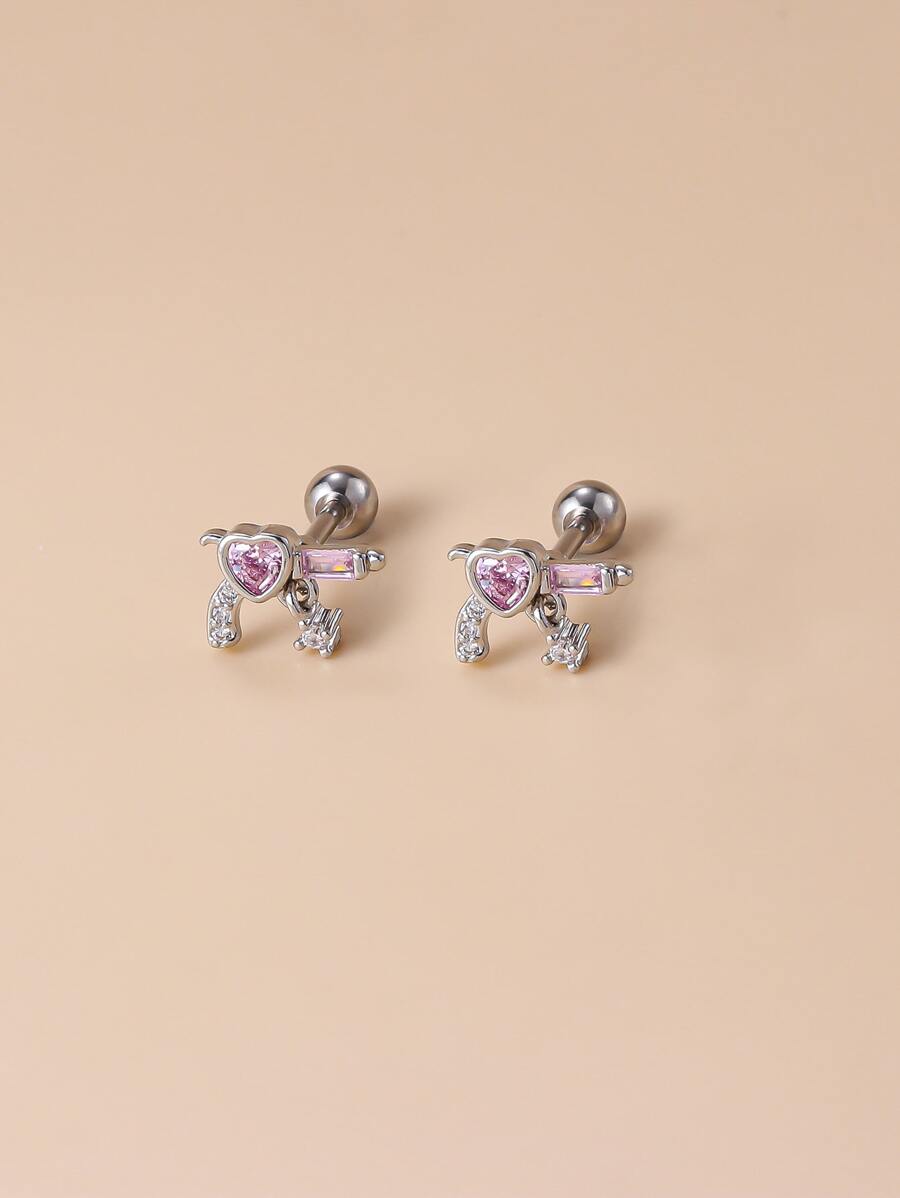 Cubic Zirconia Heart Decor Stud Earrings - Silver - View 1