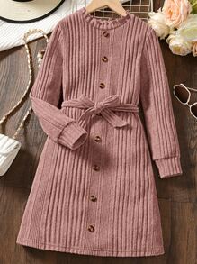 Girls Button Front Lettuce Trim Dress - Dusty Pink - View 1