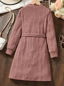 Girls Button Front Lettuce Trim Dress - Dusty Pink - View 2