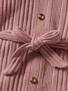 Girls Button Front Lettuce Trim Dress - Dusty Pink - View 3