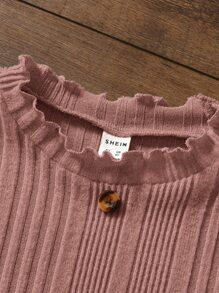 Girls Button Front Lettuce Trim Dress - Dusty Pink - View 4