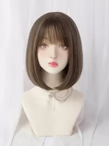 一片式合成耐热直发带刘海假发冷棕色 12 英寸全机织日常自然逼真假发圣诞节 Y2k - 棕色 - 查看 3