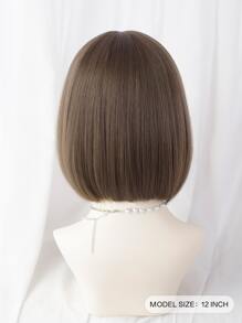 一片式合成耐热直发带刘海假发冷棕色 12 英寸全机织日常自然逼真假发圣诞节 Y2k - 棕色 - 查看 4