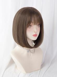 一片式合成耐热直发带刘海假发冷棕色 12 英寸全机织日常自然逼真假发圣诞节 Y2k - 棕色 - 查看 5