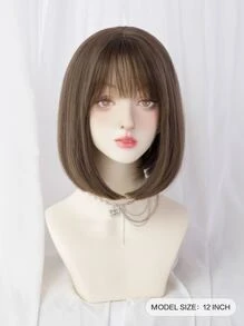 一片式合成耐热直发带刘海假发冷棕色 12 英寸全机织日常自然逼真假发圣诞节 Y2k - 棕色 - 查看 6