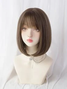 一片式合成耐热直发带刘海假发冷棕色 12 英寸全机织日常自然逼真假发圣诞节 Y2k - 棕色 - 查看 7