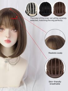 一片式合成耐热直发带刘海假发冷棕色 12 英寸全机织日常自然逼真假发圣诞节 Y2k - 棕色 - 查看 8