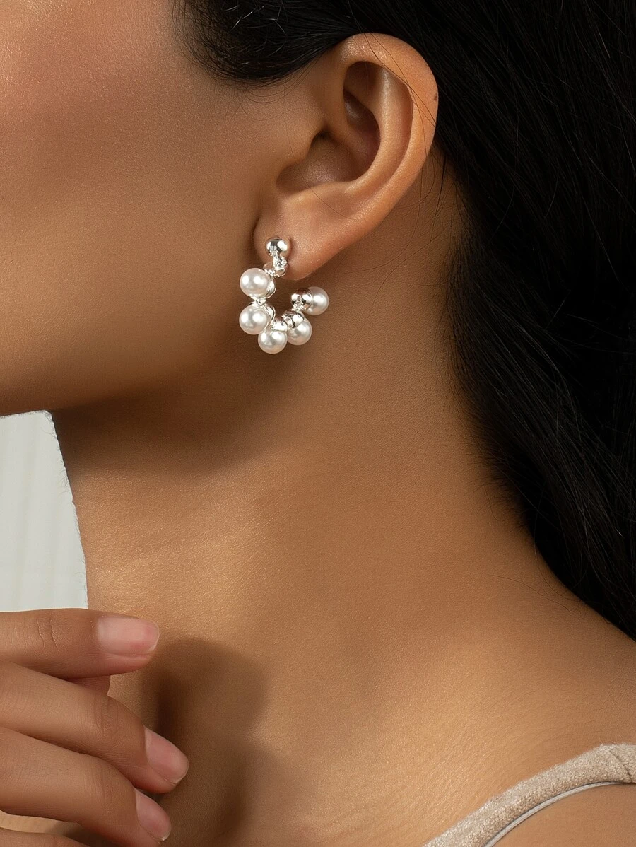 Faux Pearl Decor Cuff Hoop Bông tai - trắng - Xem 1