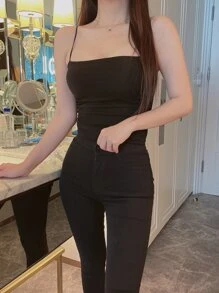 DAZY Chất rắn Xù Cami ngọn - màu đen - Xem 7