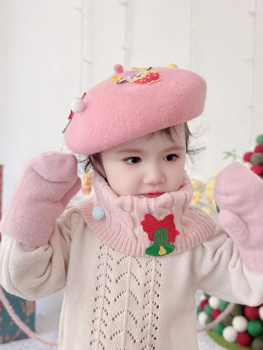 Toddler Girls Christmas Elk Decor Beret & Infinity Scarf - Baby Pink - View 1