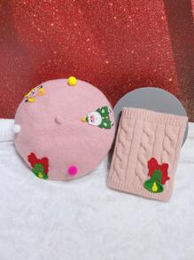 Toddler Girls Christmas Elk Decor Beret & Infinity Scarf - Baby Pink - View 2