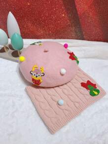 Toddler Girls Christmas Elk Decor Beret & Infinity Scarf - Baby Pink - View 3
