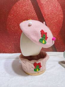 Toddler Girls Christmas Elk Decor Beret & Infinity Scarf - Baby Pink - View 6