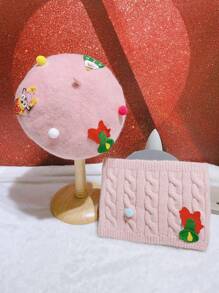 Toddler Girls Christmas Elk Decor Beret & Infinity Scarf - Baby Pink - View 7