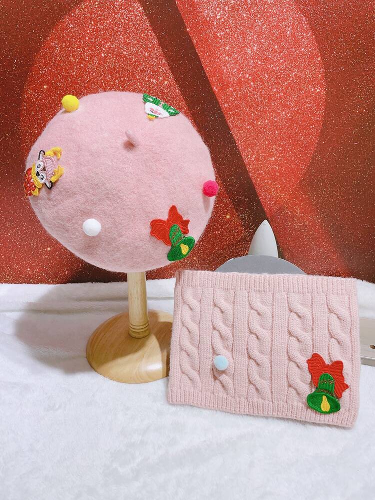 Toddler Girls Christmas Elk Decor Beret & Infinity Scarf - Baby Pink - View 7