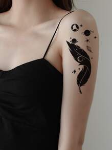1 hoja Pegatina tatuaje pluma & con patrón de planeta - Negro - Ver 2