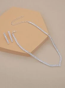 1入幾何方形水晶項鍊和1對幾何水晶吊墜耳環套裝，晚禮服時尚配飾 - 銀色 - 查看 3