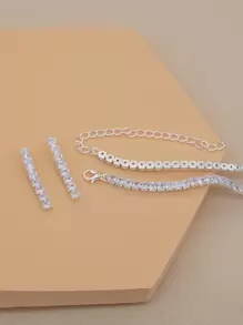 1入幾何方形水晶項鍊和1對幾何水晶吊墜耳環套裝，晚禮服時尚配飾 - 銀色 - 查看 4