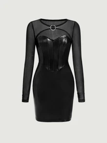SHEIN MOD Contrast Mesh PU Leather Bodycon Dress - Black - View 2