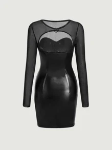 SHEIN MOD Contrast Mesh PU Leather Bodycon Dress - Black - View 5