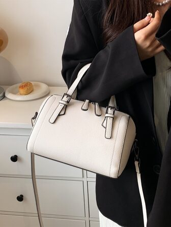 Bolso de Boston con doble asa con relieve de litchi, bolso de mujer elegante y de moda