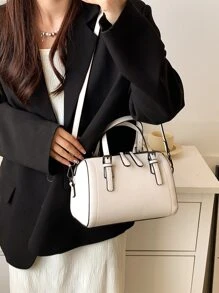 荔枝压纹双手柄波士顿包，时尚女士包包优雅 - 米色 - 查看 2