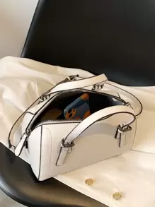 荔枝压纹双手柄波士顿包，时尚女士包包优雅 - 米色 - 查看 3