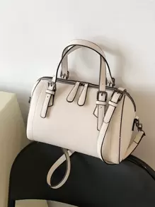 荔枝压纹双手柄波士顿包，时尚女士包包优雅 - 米色 - 查看 4