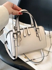 荔枝压纹双手柄波士顿包，时尚女士包包优雅 - 米色 - 查看 5