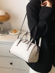 荔枝压纹双手柄波士顿包，时尚女士包包优雅 - 米色 - 查看 6