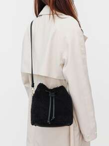 Mini Drawstring Design Fuzzy Bucket Bag - Black - View 3