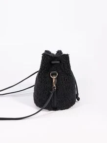 Mini Drawstring Design Fuzzy Bucket Bag - Black - View 4