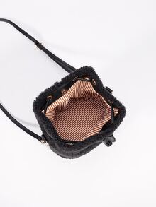 Mini Drawstring Design Fuzzy Bucket Bag - Black - View 6