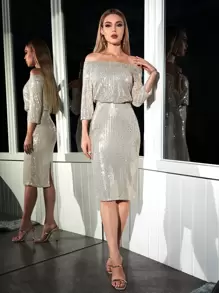 Zolique 一字肩後拉鏈下擺開叉亮片連衣裙 - 銀色 - 查看 1