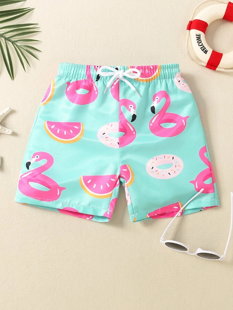 Young Boy Cartoon Graphic Drawstring Waist Swim Shorts Kids Swimwearkids Beachwearboy Swimwear Summer - Mint Green - View 1