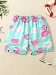 Young Boy Cartoon Graphic Drawstring Waist Swim Shorts Kids Swimwearkids Beachwearboy Swimwear Summer - Mint Green - View 2