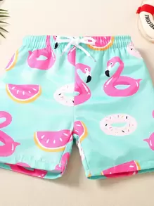 Young Boy Cartoon Graphic Drawstring Waist Swim Shorts Kids Swimwearkids Beachwearboy Swimwear Summer - Mint Green - View 5